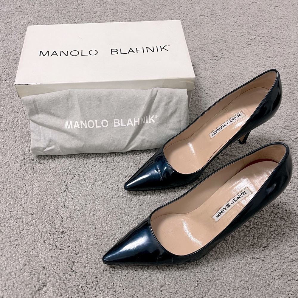 Manolo Blahnik Navy Blue Patent Newcio Pointed Toe Pumps Heels Size 8 / 38 - Picture 3 of 13